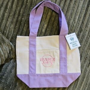 Trader Joes Mini Canvas Tote Bag - Purple and Cream